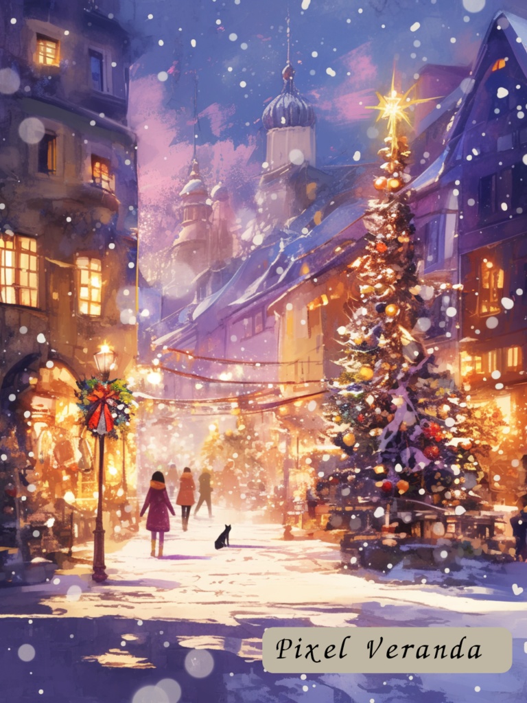 幻想的な冬の街と黒猫 – クリスマスの雪景色イラスト4枚セット(PNG 3000×4000)