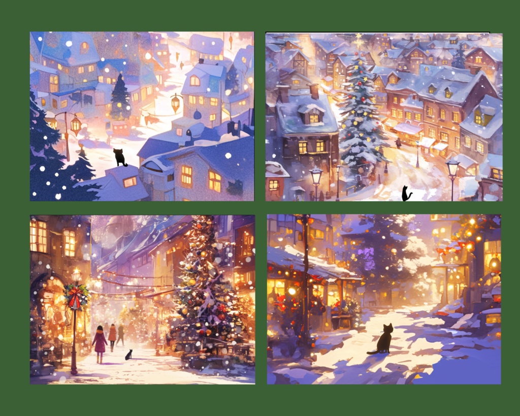 幻想的な冬の街と黒猫 – クリスマスの雪景色イラスト4枚セット(PNG 3000×4000)