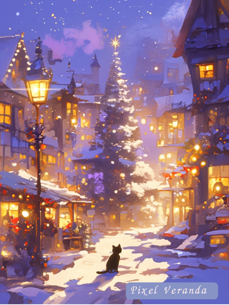 幻想的な冬の街と黒猫 – クリスマスの雪景色イラスト4枚セット(PNG 3000×4000)