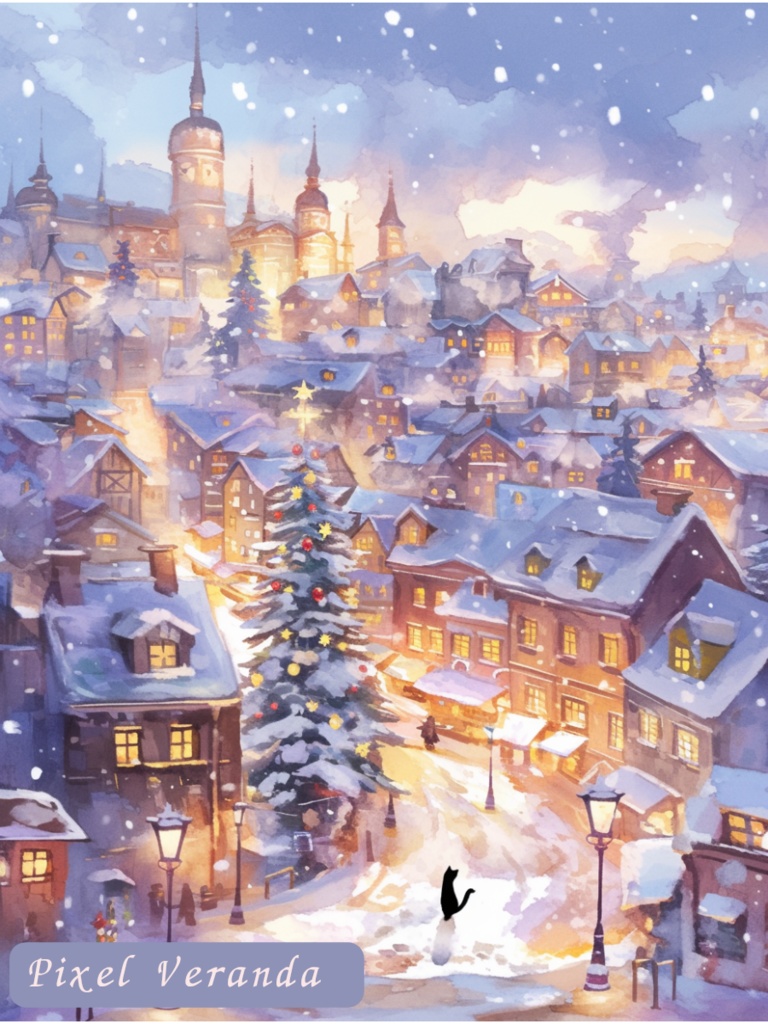 幻想的な冬の街と黒猫 – クリスマスの雪景色イラスト4枚セット(PNG 3000×4000)