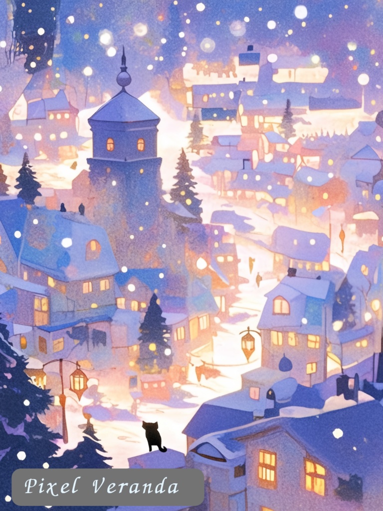 幻想的な冬の街と黒猫 – クリスマスの雪景色イラスト4枚セット(PNG 3000×4000)