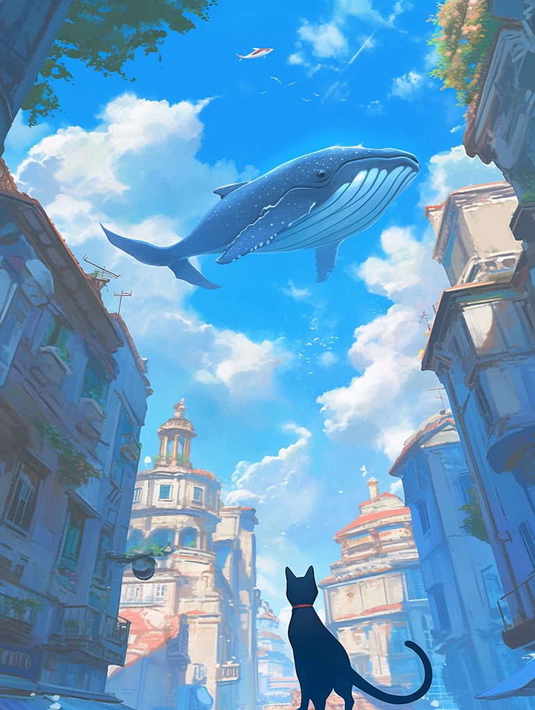 空飛ぶクジラと黒猫の街景色｜幻想アニメーション動画（mp4）