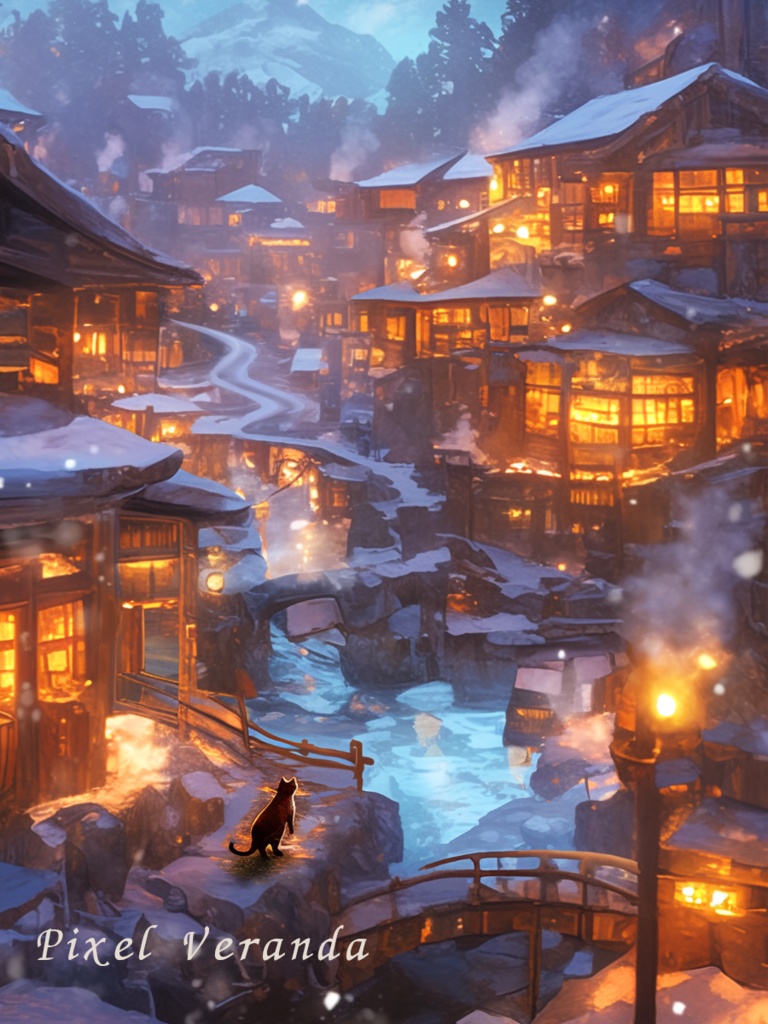 【背景素材3枚+動画おまけ】温泉街を歩く猫|癒しの水彩風イラスト