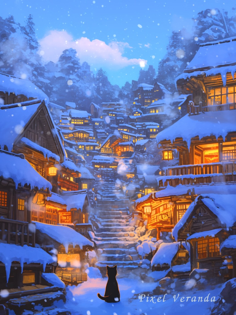 【背景素材3枚+動画おまけ】温泉街を歩く猫|癒しの水彩風イラスト