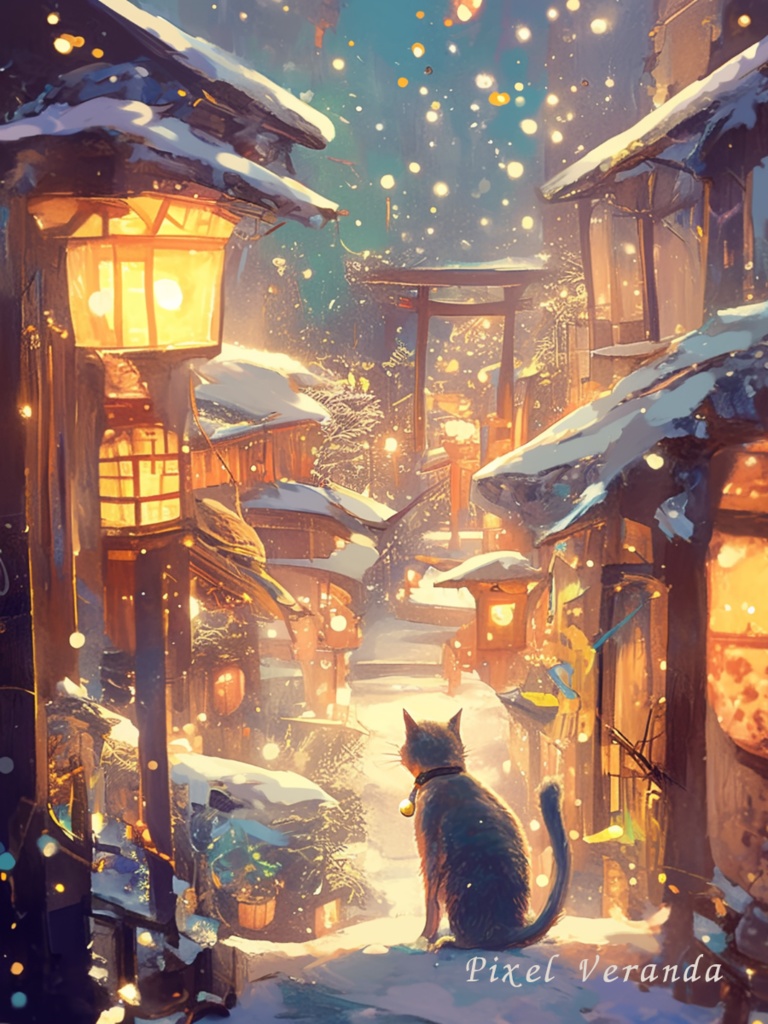 【背景素材3枚+動画おまけ】温泉街を歩く猫|癒しの水彩風イラスト