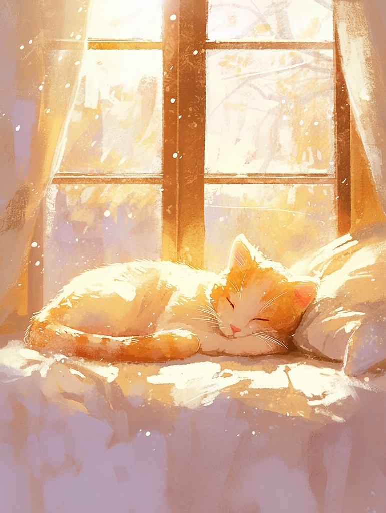陽だまりで眠る猫｜心を休ませる水彩イラスト素材（3000×4000 PNG）