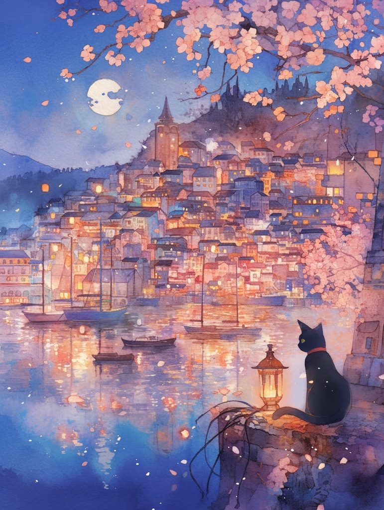 黒猫と桜の港町|朝・昼・夕・夜 4枚セット【幻想風景・背景素材 / DL版】