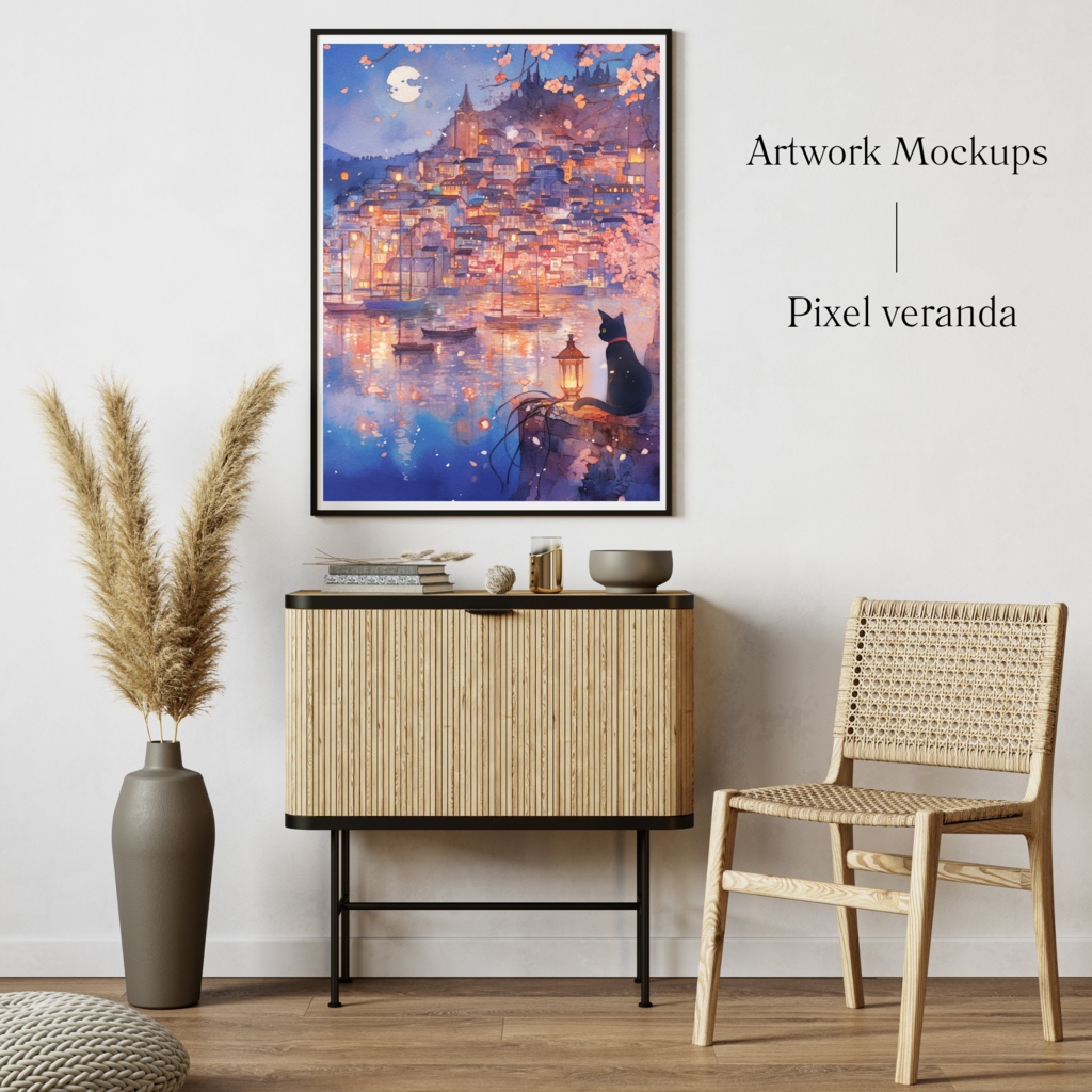 黒猫と桜の港町|朝・昼・夕・夜 4枚セット【幻想風景・背景素材 / DL版】