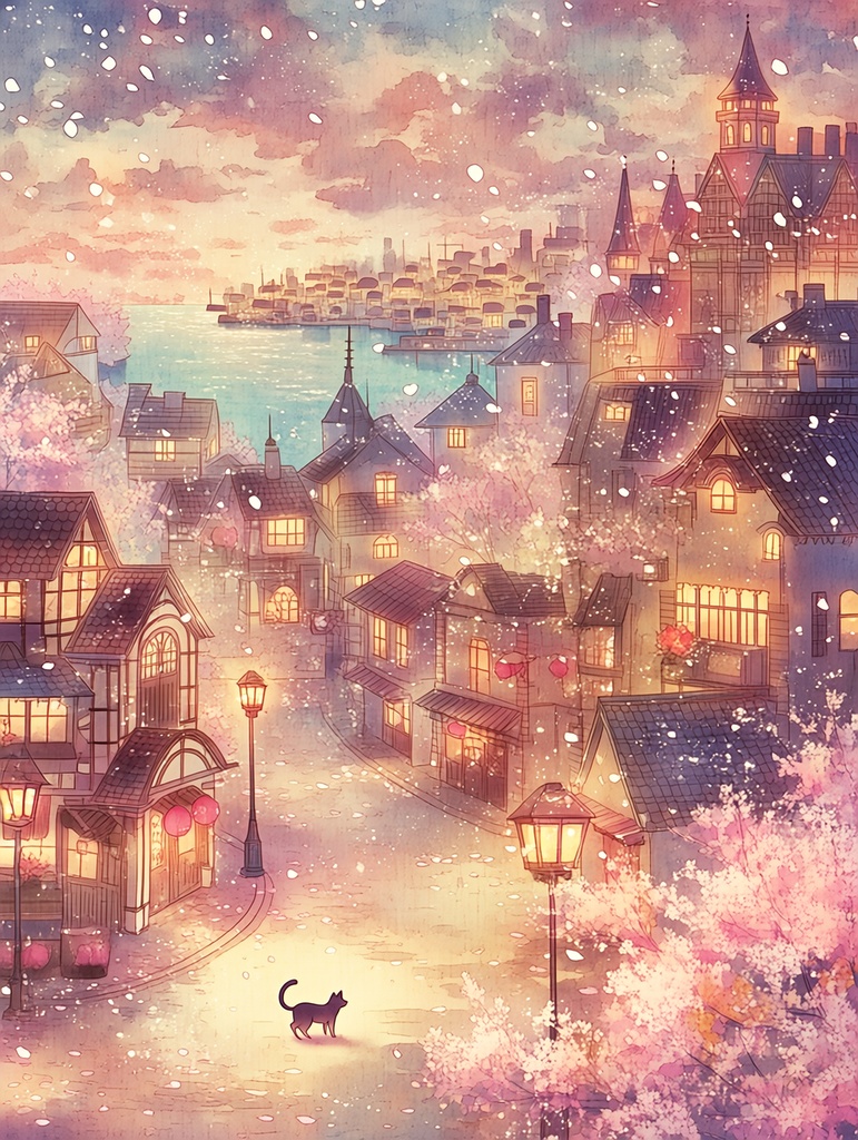 黒猫と桜の港町|朝・昼・夕・夜 4枚セット【幻想風景・背景素材 / DL版】