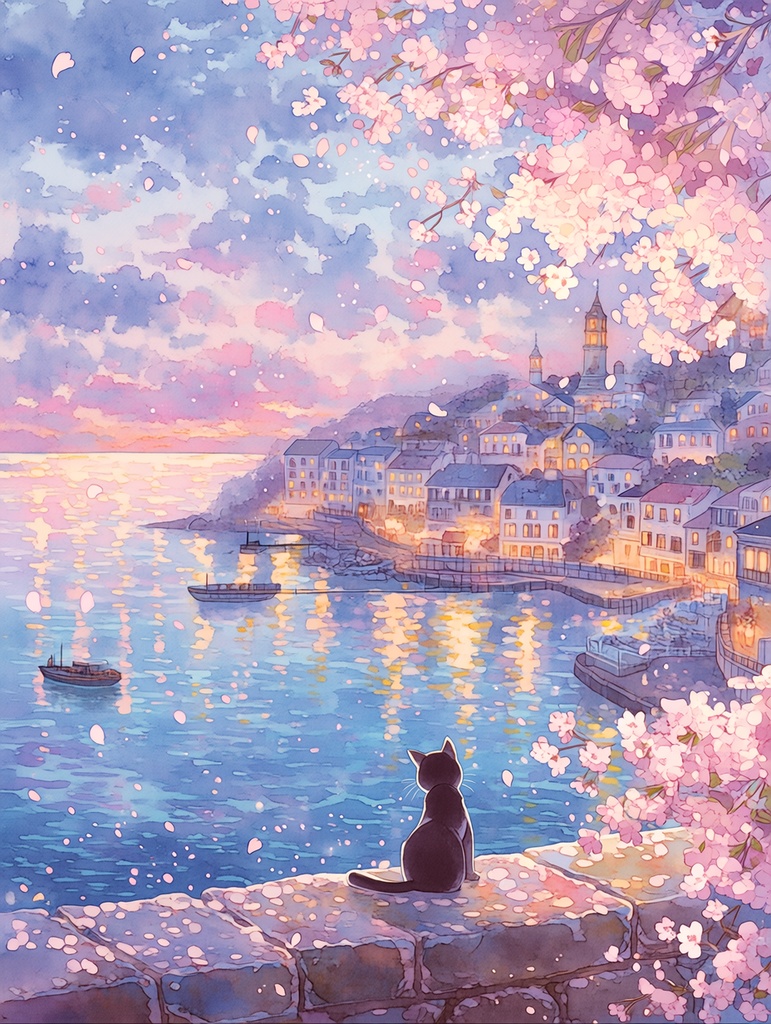 黒猫と桜の港町|朝・昼・夕・夜 4枚セット【幻想風景・背景素材 / DL版】