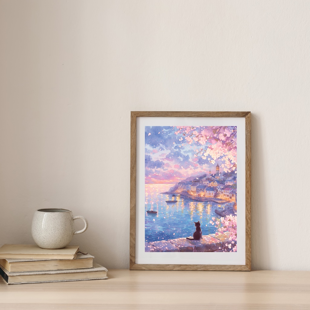 黒猫と桜の港町|朝・昼・夕・夜 4枚セット【幻想風景・背景素材 / DL版】