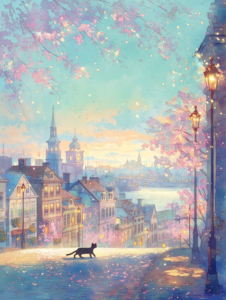 黒猫と桜の港町|朝・昼・夕・夜 4枚セット【幻想風景・背景素材 / DL版】