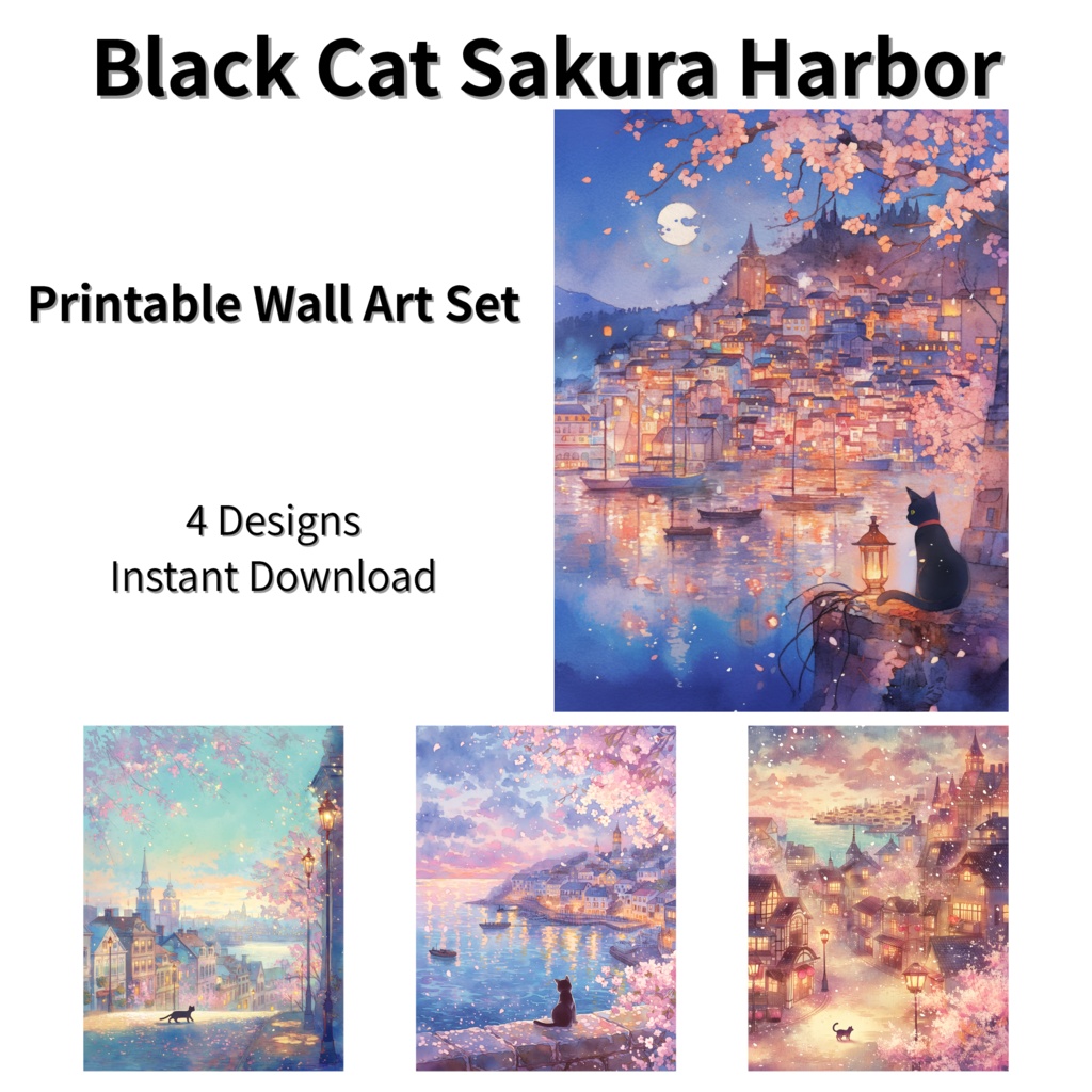 黒猫と桜の港町｜朝・昼・夕・夜 4枚セット【幻想風景・背景素材 / DL版】