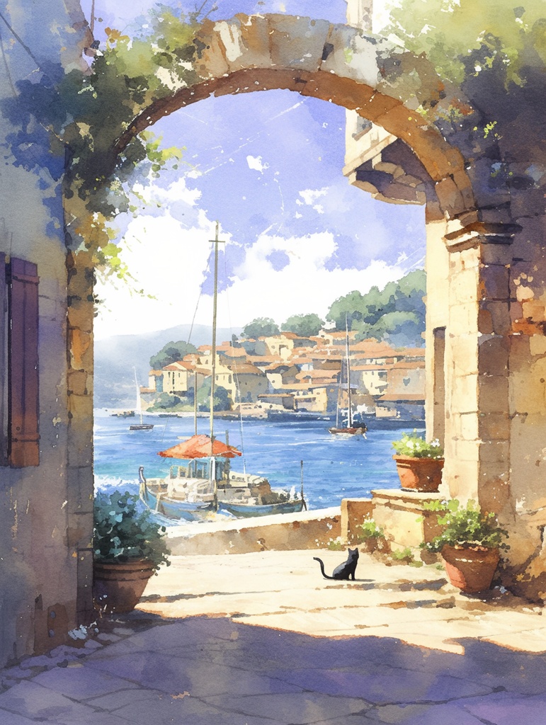 【背景素材6枚セット】港町と黒猫の幻想風景｜配信・サムネ・創作に使える水彩イラスト