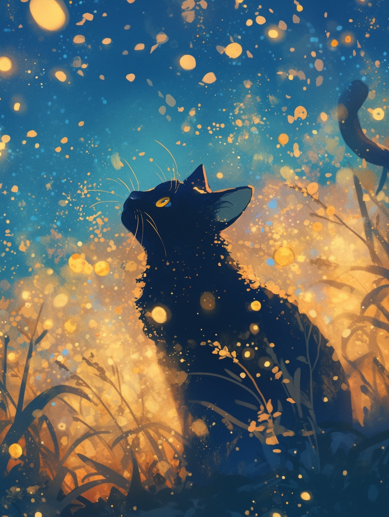 黒猫と光の物語｜幻想背景素材4枚セット