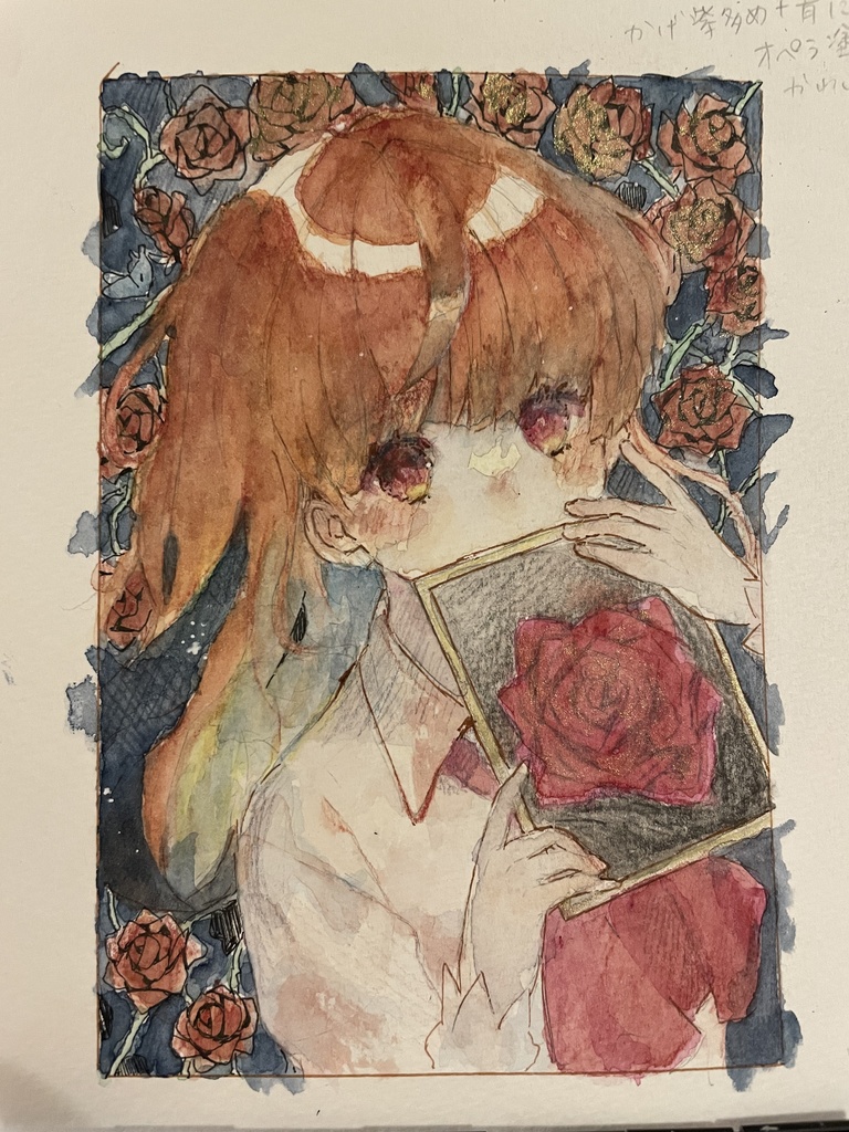白月夜』シーグラスアート、『薔薇3』透明水彩画原画 - インテリア