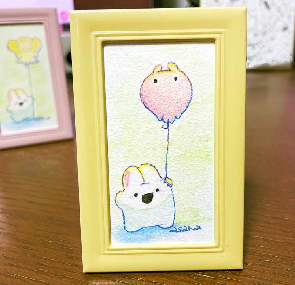 (完売)(ミニ額 原画)ドコドコうさぎ 風船ミミイカ / 風船メンダコ