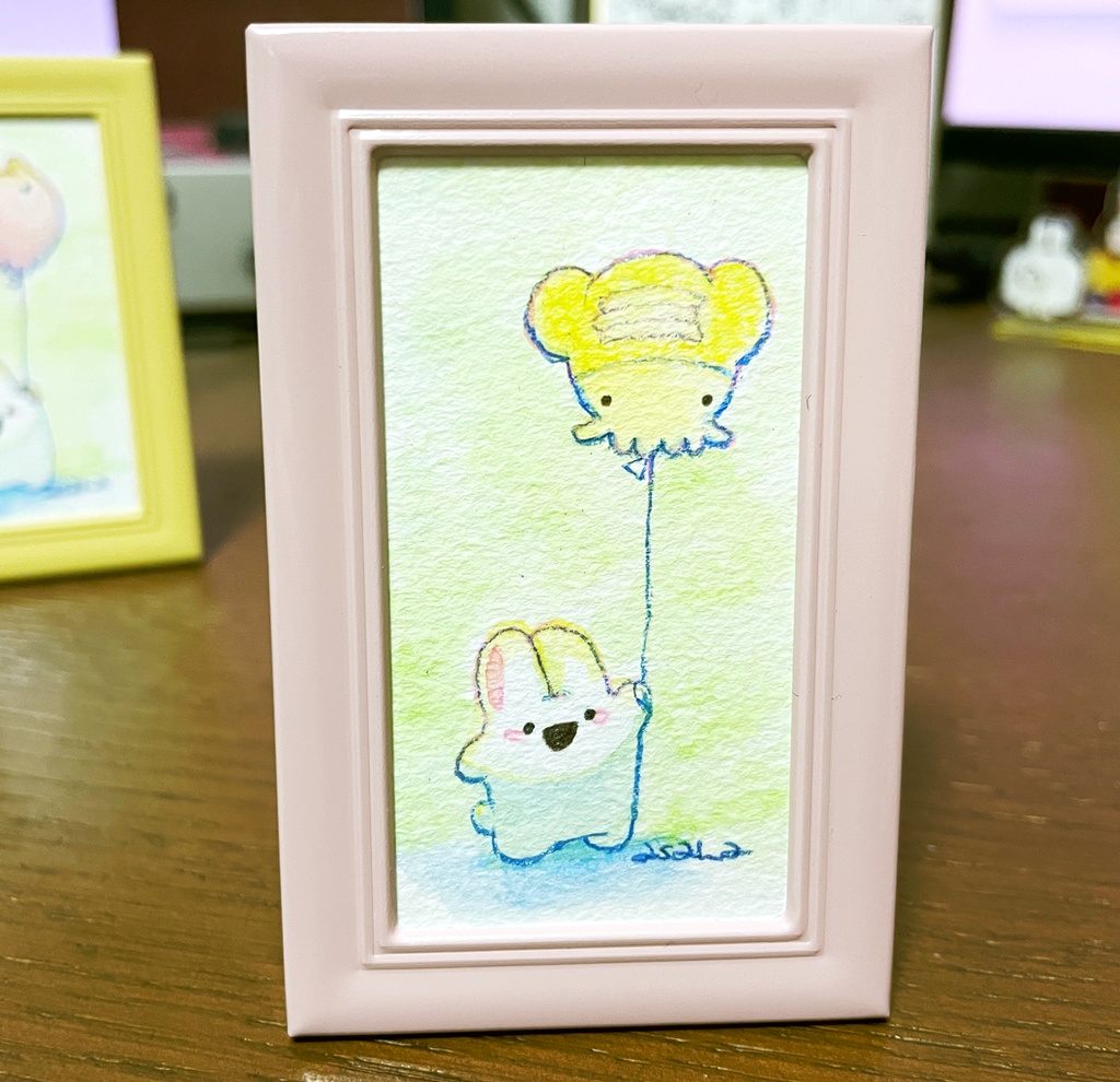 (完売)(ミニ額 原画)ドコドコうさぎ 風船ミミイカ / 風船メンダコ