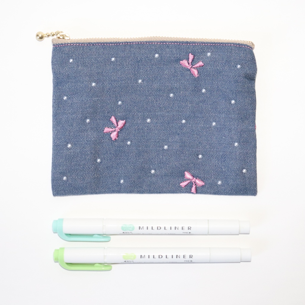 リボン刺繍デニムポーチ