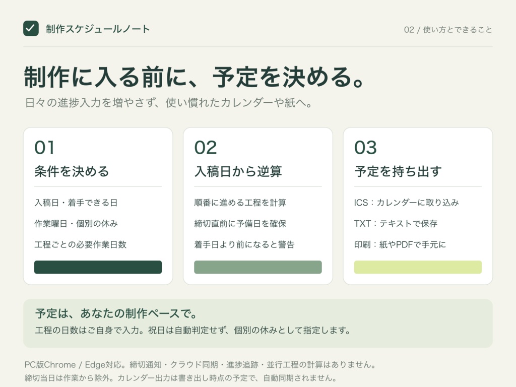 同人誌の入稿逆算|制作スケジュールノート【作業曜日指定・カレンダー出力】