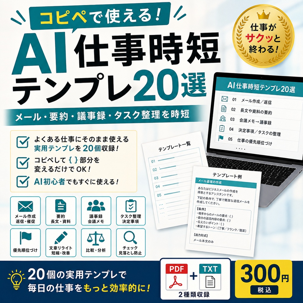 コピペで使える AI仕事時短テンプレ20選｜メール・要約・議事録・タスク整理を時短
