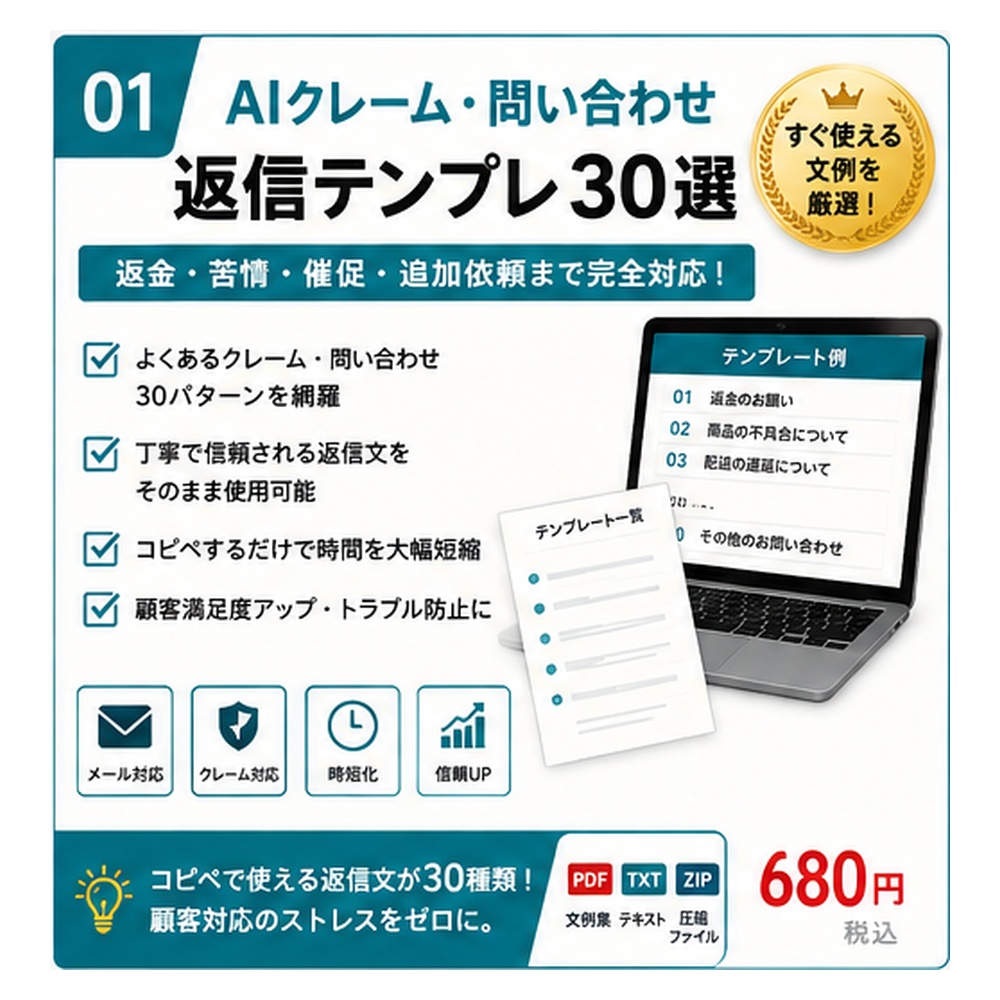 AIクレーム・問い合わせ返信テンプレ30選｜返金・苦情・低評価・遅延対応を時短