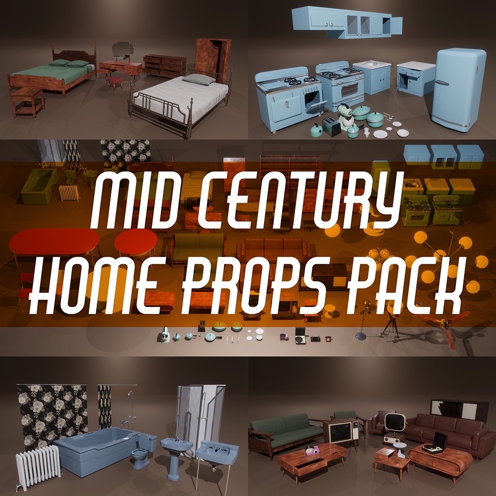 1950s Mid Century PBR Home Furniture and Props Pack [Low Poly]