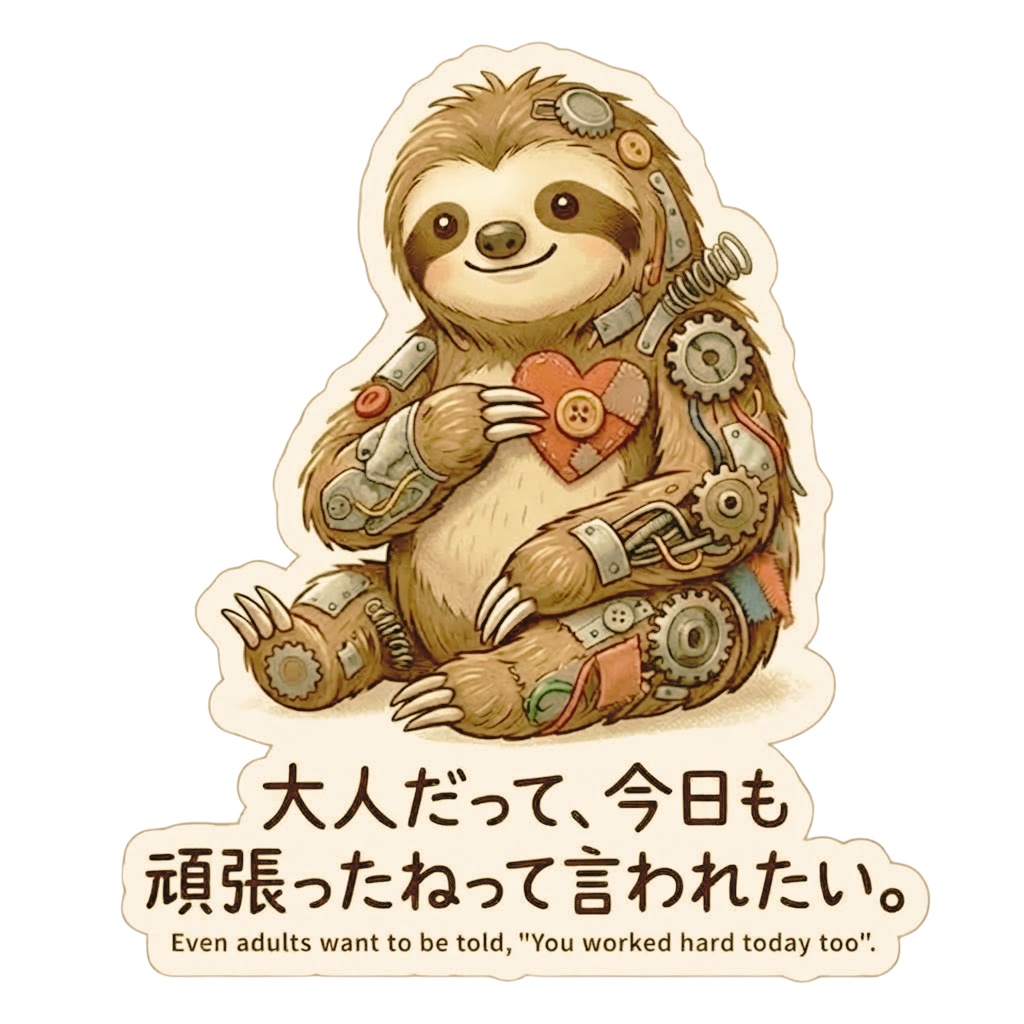 スマホステッカー【がらくた動物シリーズ・救いの格言ステッカー5・ナマケモノ】「大人だって、今日も頑張ったねって言われたい。」