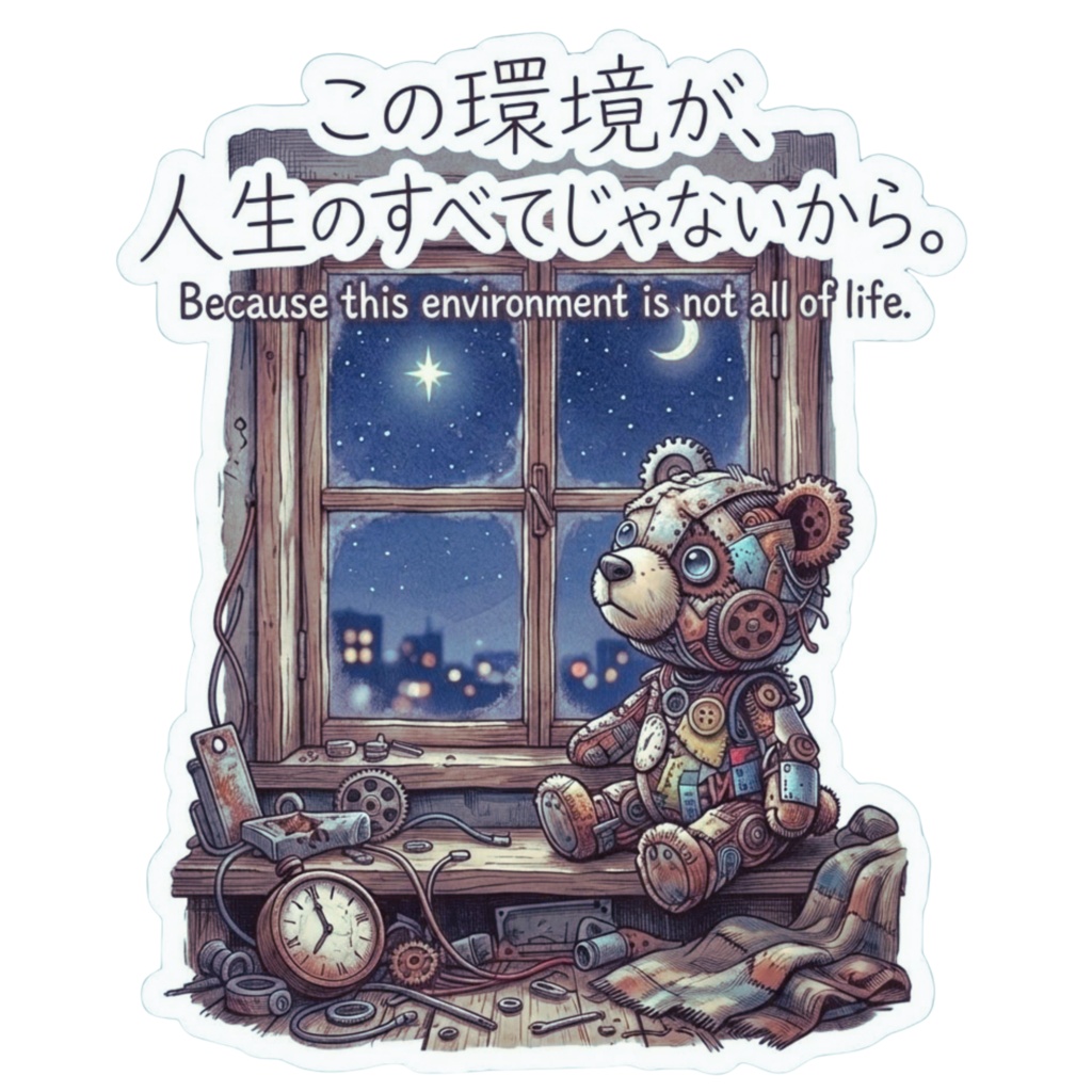 スマホステッカー【がらくた動物シリーズ・救いの格言ステッカー8・くま】「この環境が、人生のすべてじゃないから。」