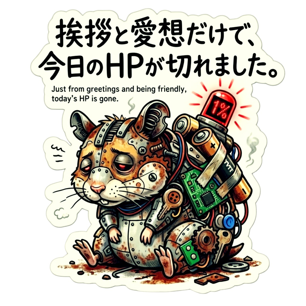 スマホステッカー【がらくた動物シリーズ・救いの格言ステッカー9・ハムスター】「挨拶と愛想だけで、今日のHPが切れました。」