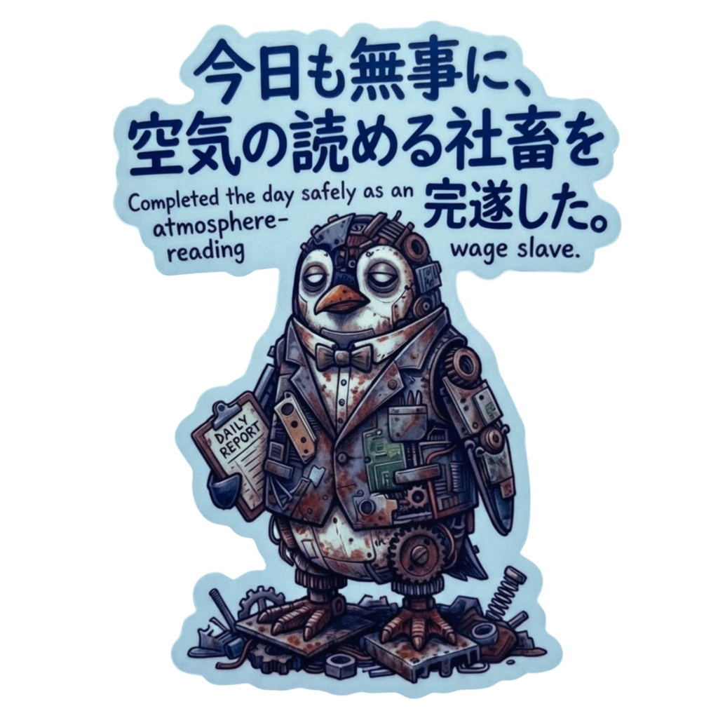 スマホステッカー【がらくた動物シリーズ・救いの格言ステッカー12・ペンギン】「今日も無事に、空気の読める社畜を完遂した。」