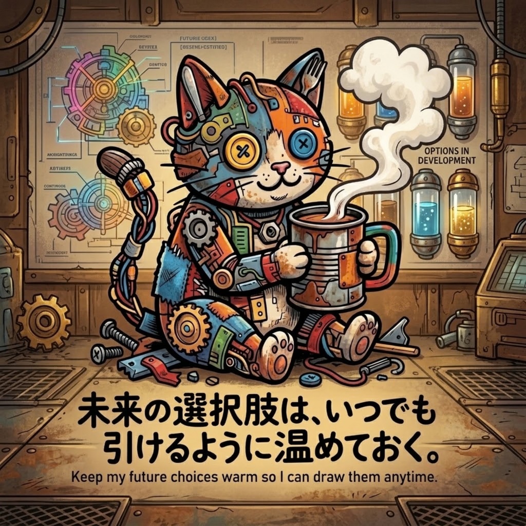 スマホステッカー【がらくた動物シリーズ・救いの格言ステッカー41】【自分を讃えるお守り⑤】「未来の選択肢は、いつでも引けるように温めておく。」