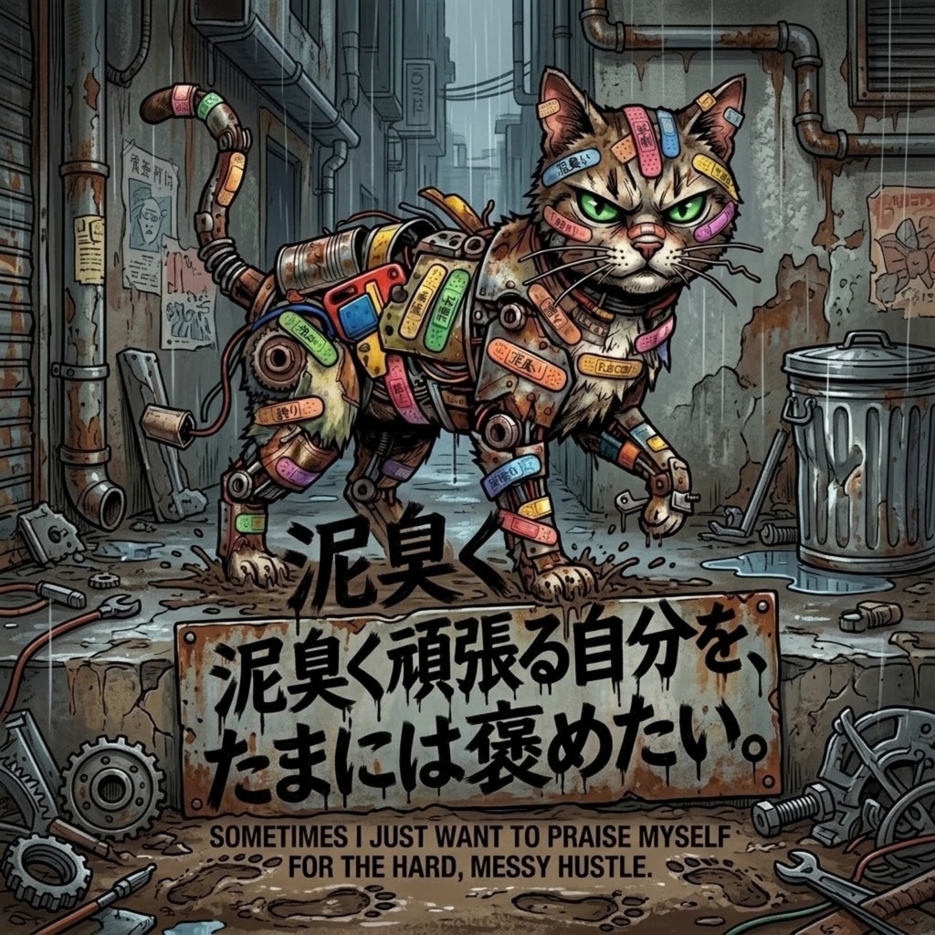 スマホステッカー【がらくた動物シリーズ・救いの格言ステッカー45】【自分を讃えるお守り⑨】「泥臭く頑張る自分を、たまには褒めたい。」