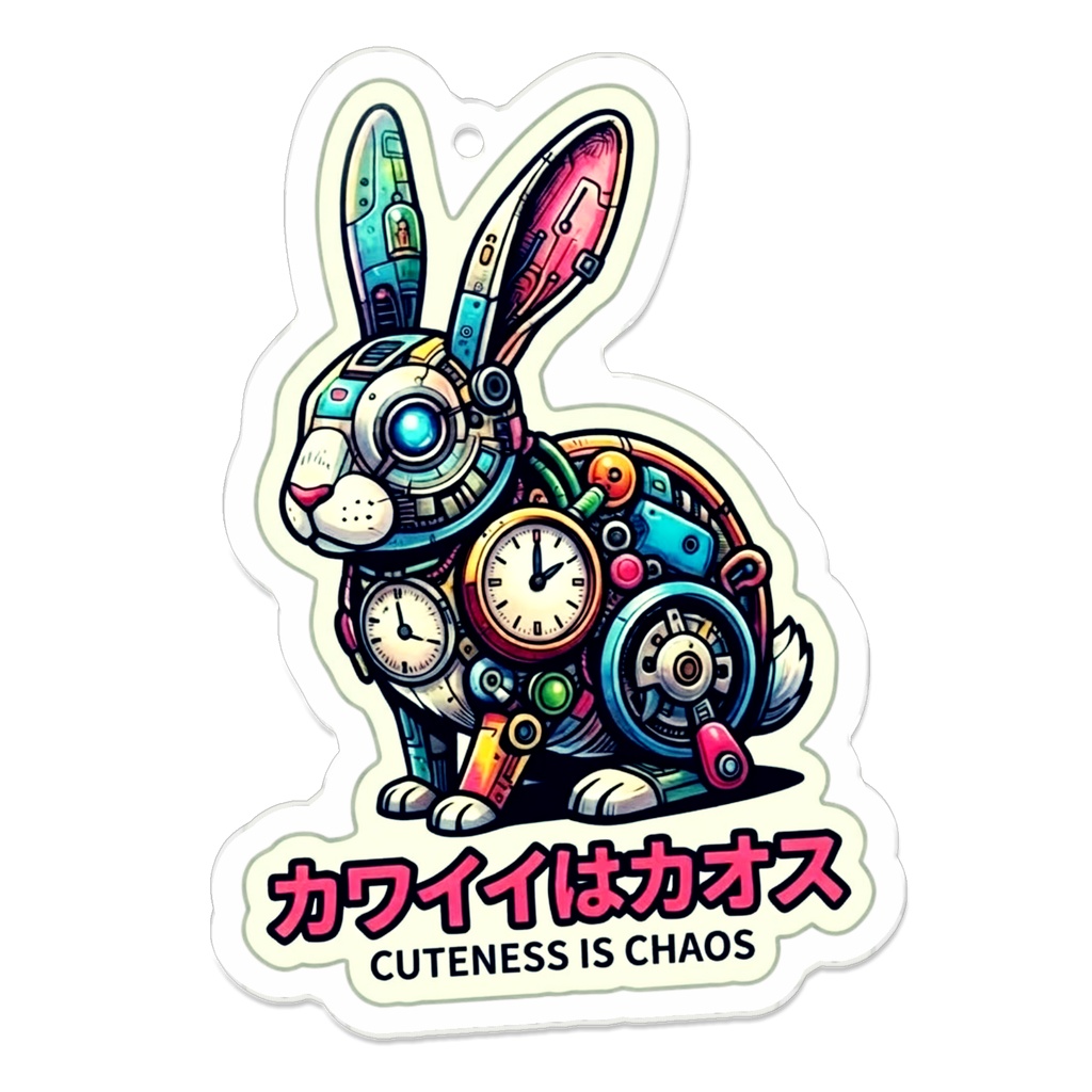 アクリルキーホルダー（コーティング）【がらくた動物シリーズ・救いの格言47】【自分を讃えるお守り⑪】「カワイイはカオス」時計仕掛けのメカうさぎ