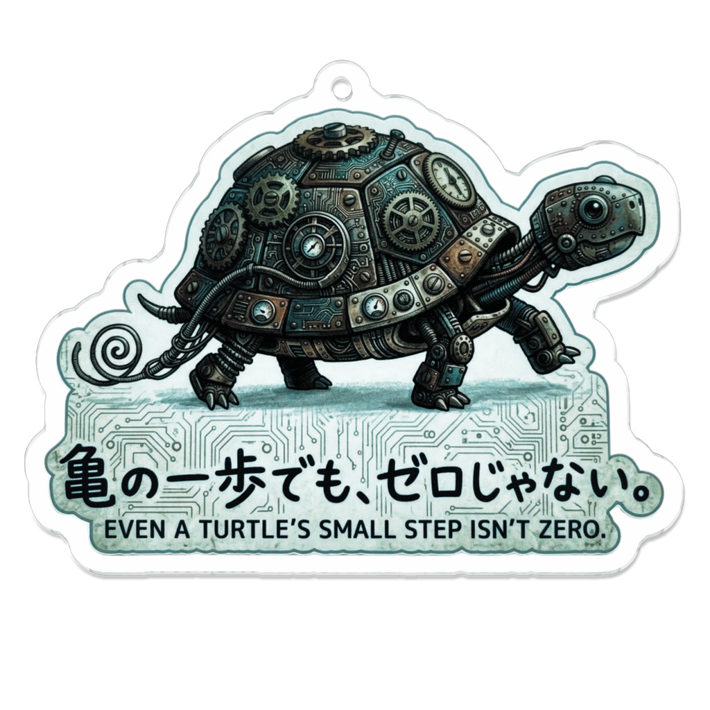 アクリルキーホルダー（コーティング）【がらくた動物シリーズ・救いの格言48】【自分を讃えるお守り⑫】「亀の一歩でも、ゼロじゃない。」電子回路とメカ亀のダイカット風アクリルキーホルダー