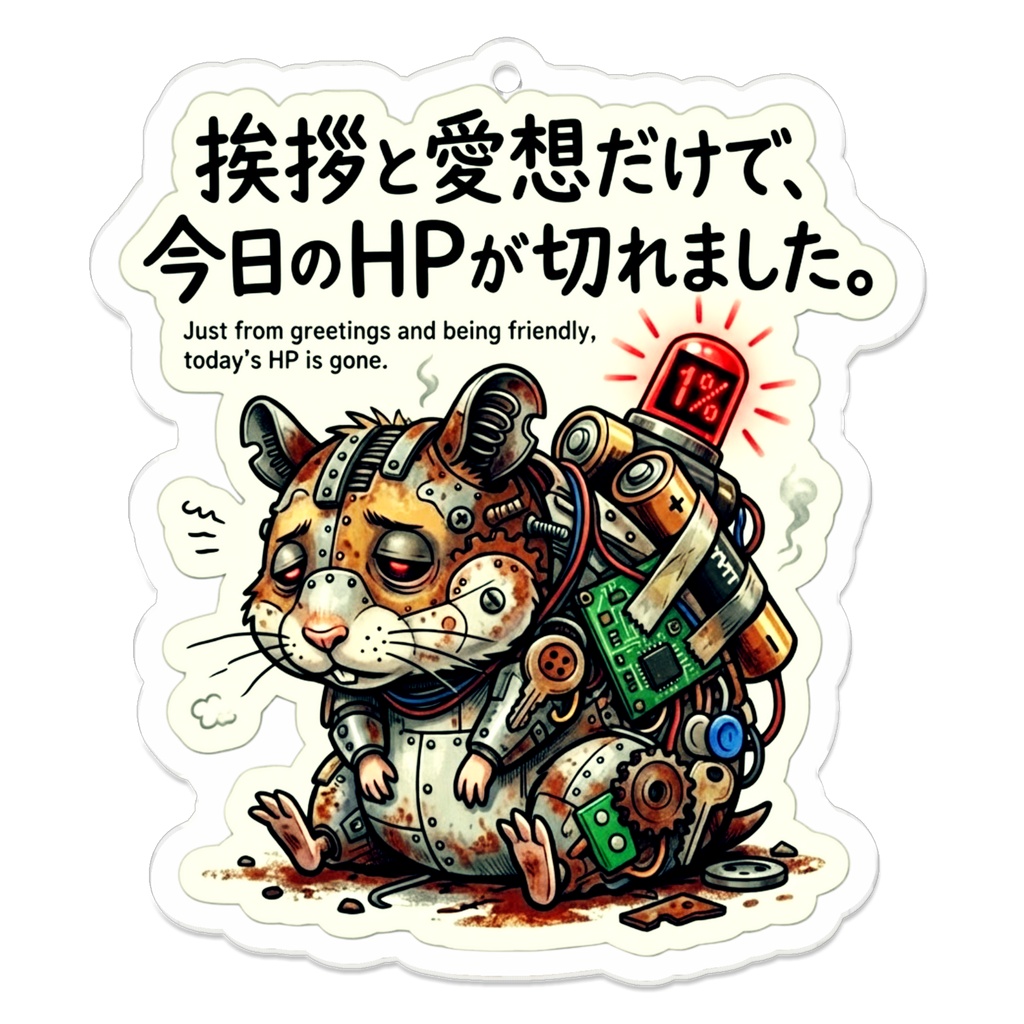 アクリルキーホルダー（コーティング）【がらくた動物シリーズ・救いの格言51】【自分を讃えるお守り⑮】「挨拶と愛想だけで、今日のHPが切れました。」メカハムスター アクリルキーホルダー