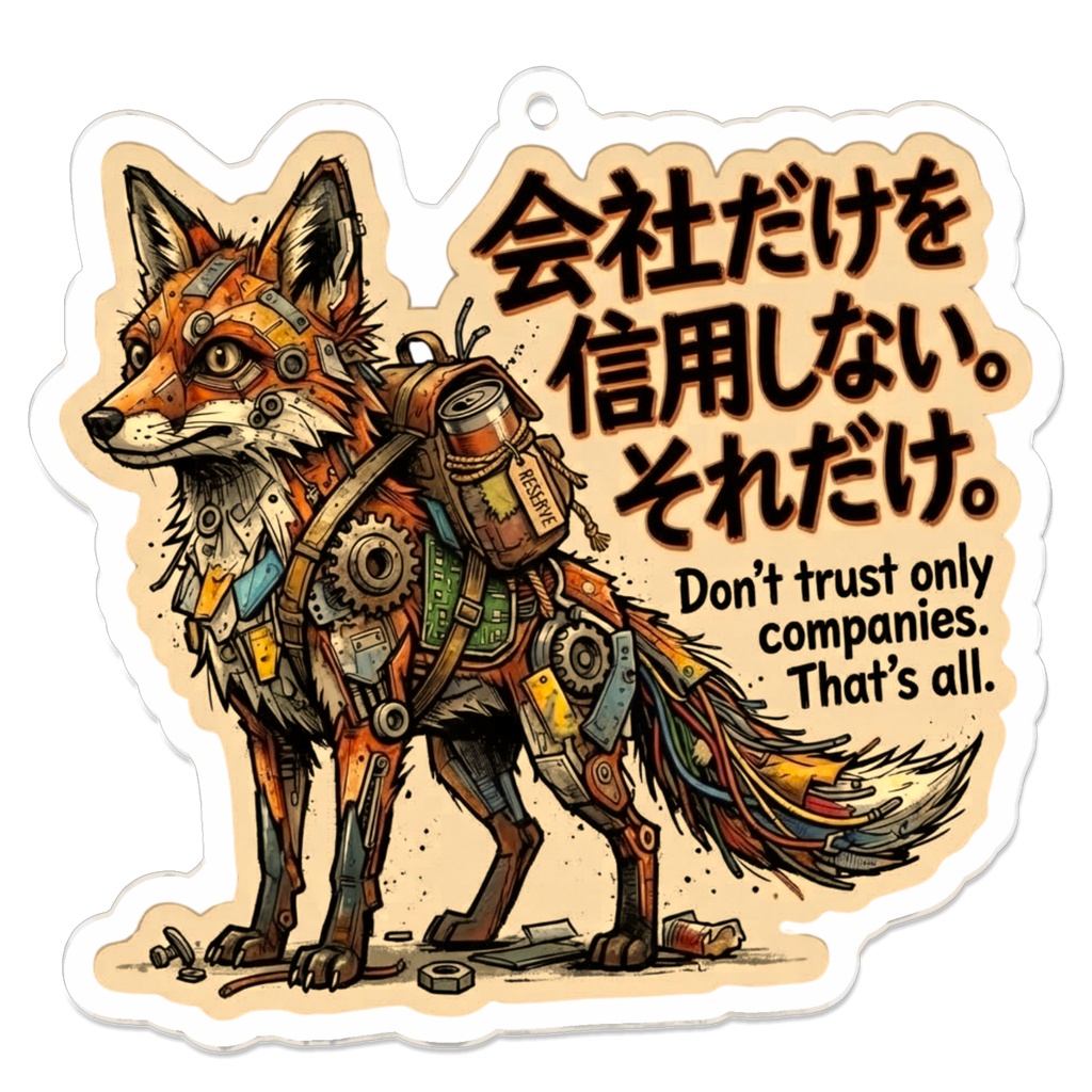 アクリルキーホルダー（コーティング）【がらくた動物シリーズ・救いの格言53】【自分を讃えるお守り⑰】「会社だけを信用しない。それだけ。」組織に依存しないサバイバル狐 アクキー