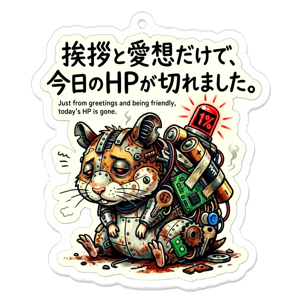 アクリルキーホルダー（コーティング）【がらくた動物シリーズ・救いの格言54】【自分を讃えるお守り⑱】「挨拶と愛想だけで、今日のHPが切れました。」残量1%の限界ハムスターアクリルキーホルダー