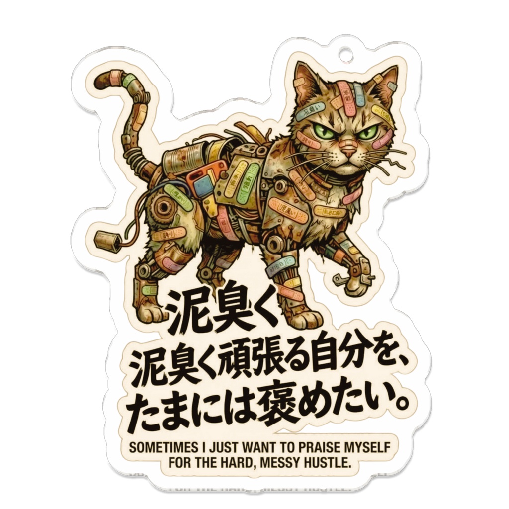 アクリルキーホルダー（コーティング）【がらくた動物シリーズ・救いの格言55】【自分を讃えるお守り⑲】「泥臭く頑張る自分を、たまには褒めたい。」不屈のメカ猫アクリルキーホルダー