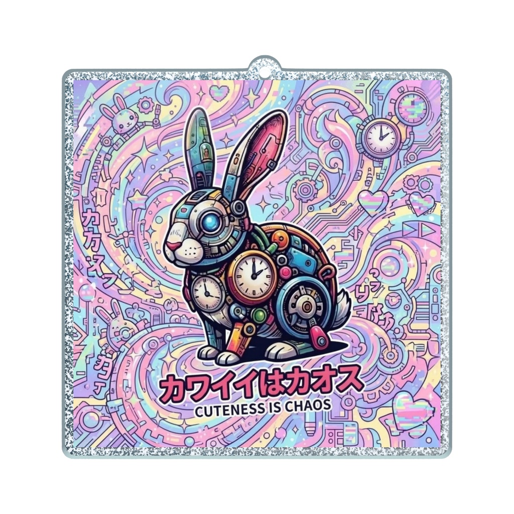 ラメアクリルキーホルダー（コーティング）【がらくた動物シリーズ・救いの格言61】【自分を讃えるお守り㉕】　電脳アリスの白うさぎ アクキー