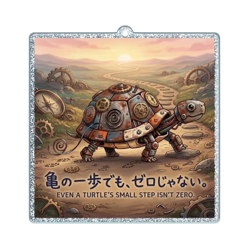 ラメアクリルキーホルダー（コーティング）【がらくた動物シリーズ・救いの格言62】【自分を讃えるお守り㉖】　「亀の一歩でも、ゼロじゃない。」夕暮れのメカ亀 スクエアアクリルキーホルダー