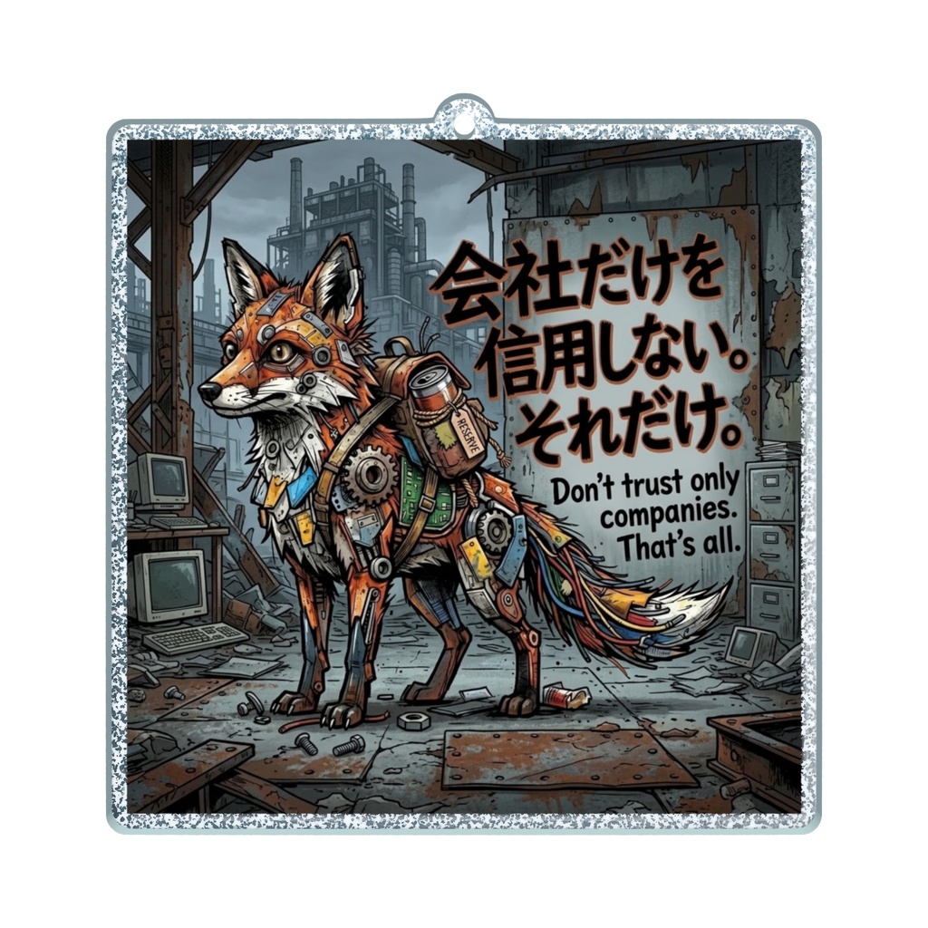 ラメアクリルキーホルダー（コーティング）【がらくた動物シリーズ・救いの格言64】【自分を讃えるお守り㉘】「会社だけを信用しない。それだけ。」組織に依存しないサバイバルメカ狐アクリルキーホルダー