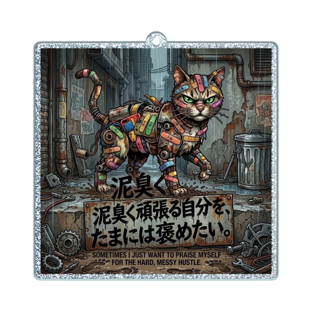 ラメアクリルキーホルダー（コーティング）【がらくた動物シリーズ・救いの格言65】【自分を讃えるお守り㉙】「泥臭く頑張る自分を、たまには褒めたい。」路地裏の絆創膏だらけのタフキャットアクキー
