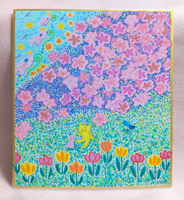 ミニ色紙　手描きイラスト　幸せの流れ星