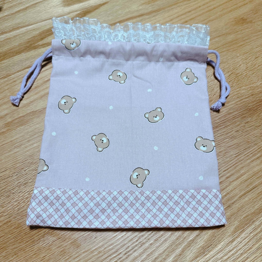 【巾着】ピンク×くま　#1【ハンドメイド】