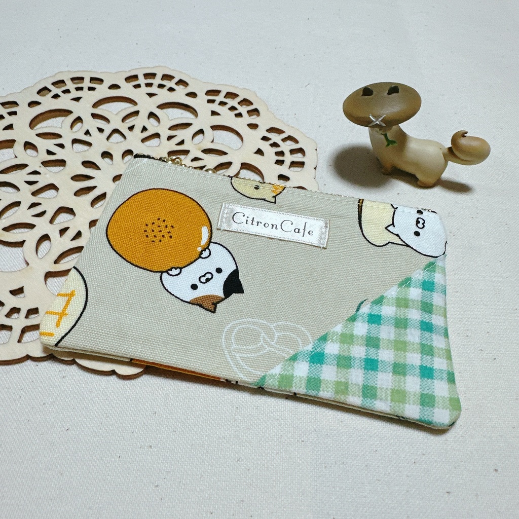 【ミニポーチ】ベージュねこ✗ブラウン水玉　#14 【ハンドメイド】