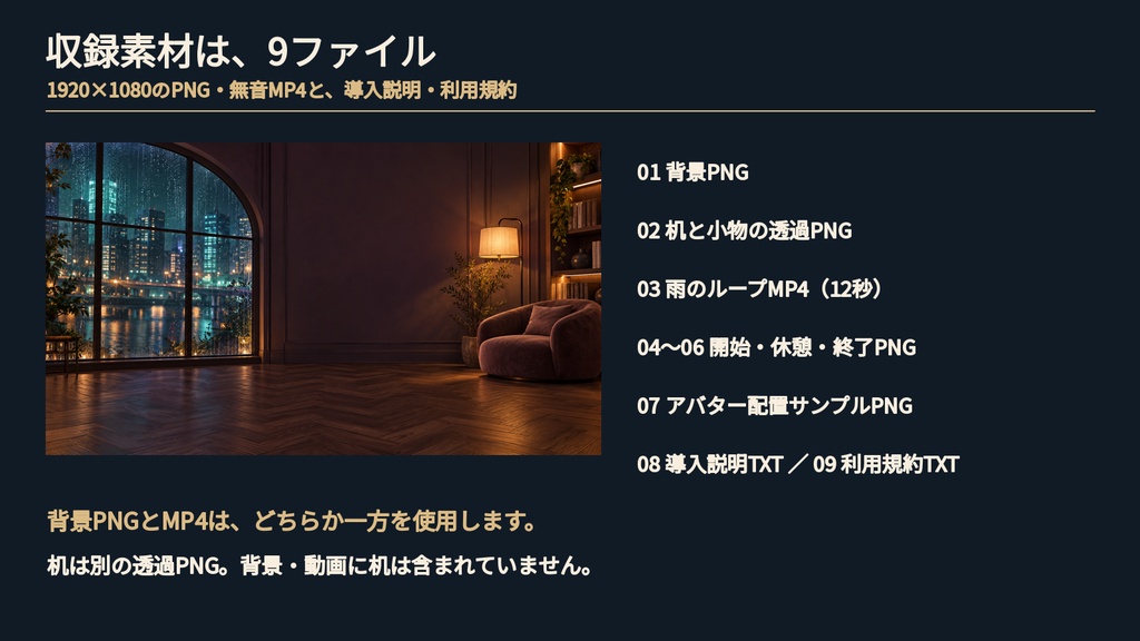 雨の夜の雑談配信セット|雨の窓辺・透過デスク・1080pループ動画