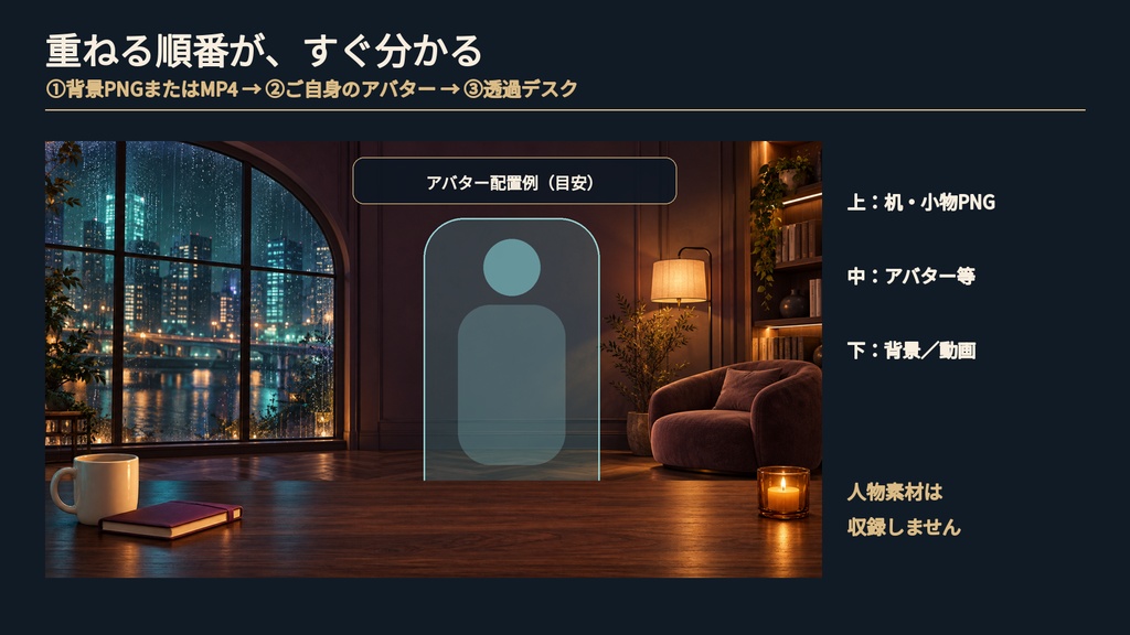 雨の夜の雑談配信セット|雨の窓辺・透過デスク・1080pループ動画