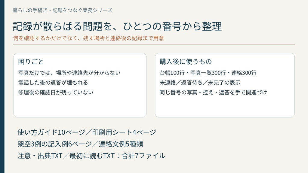 賃貸入居時の写真・不具合・連絡記録キット|PDFガイド・Excel台帳