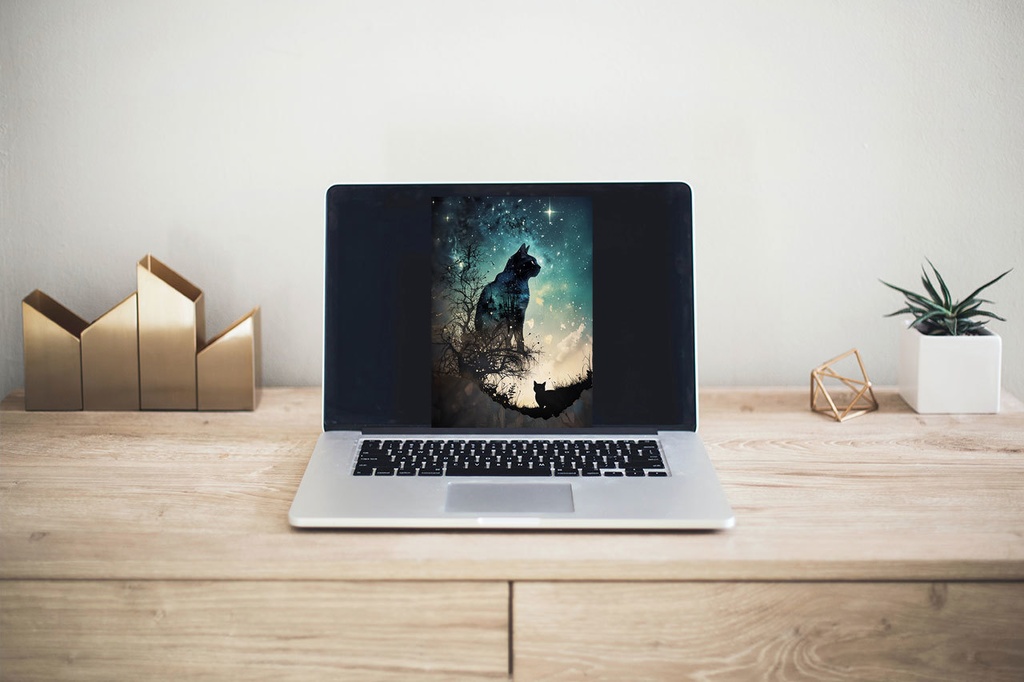 自然と融合した黒猫と夜空の神秘的なスピリチュアル 宇宙 イラストアート(デジタルコンテンツ ダウンロード販売)